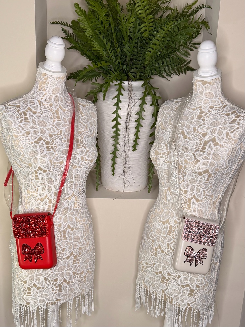 Red or Cream Crossbody Phone Pouches with Bow Accent
